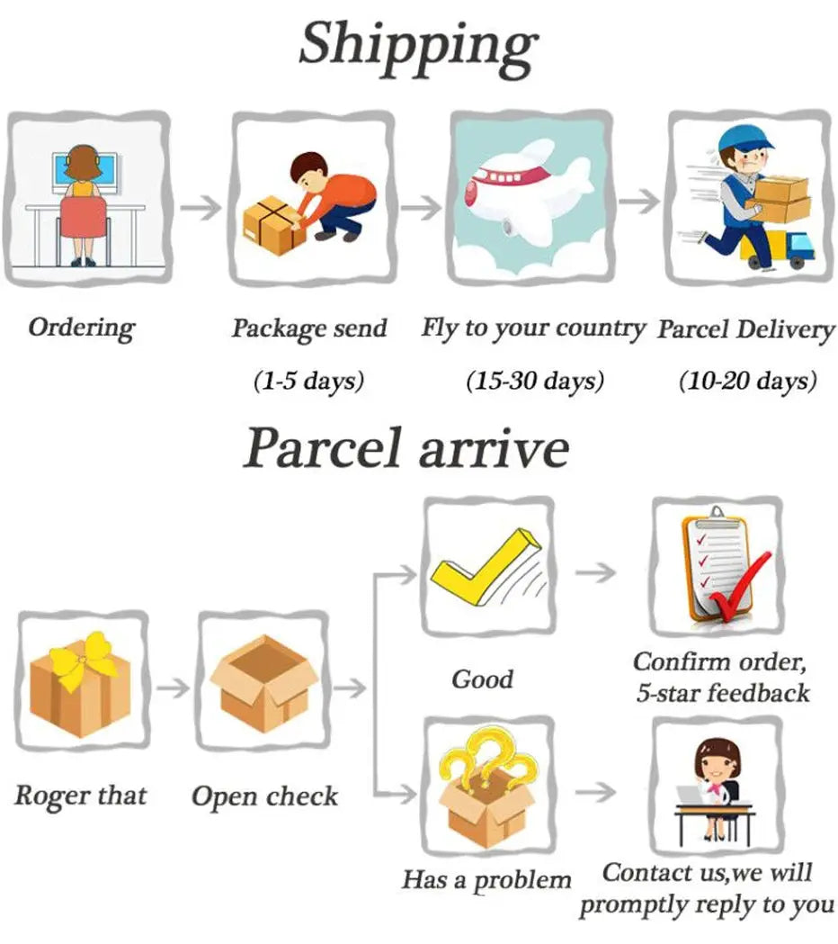 Shipping infographic showing steps from ordering to parcel delivery, plus post-delivery checks.