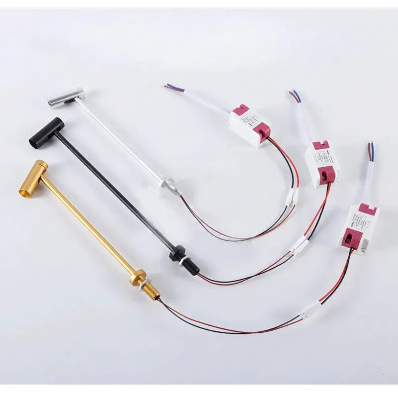 LED jewelry display lamp kit with four rotatable post lamps in gold, black, silver and clear, plus driver modules.