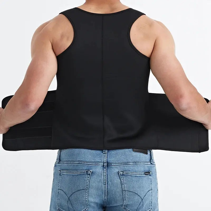 Men's black waist trainer belt with adjustable Velcro straps, back view