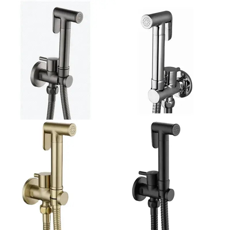 Simples Market brass handheld bidet shower set BD01 shown in four finishes: black, gray, brushed gold and chrome