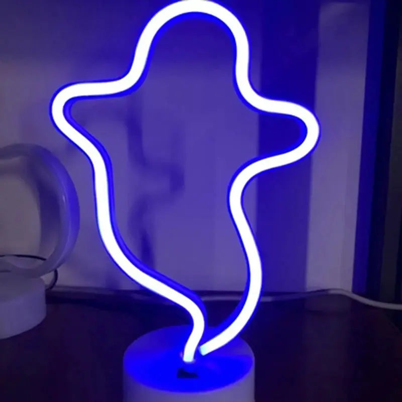 Simples Market USB LED neon sign in blue, abstract four-lobed silhouette on base