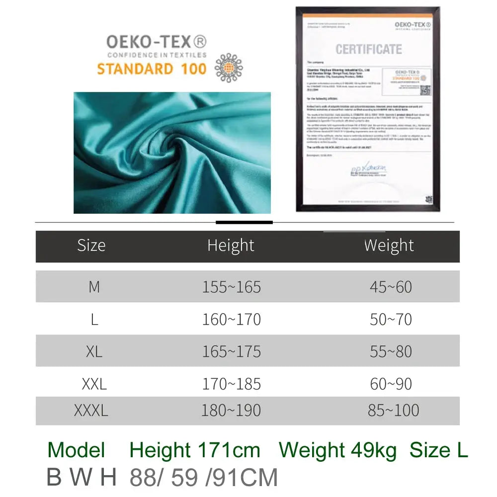 AMORESY wetlook catsuit by Simples Market collage with teal satin fabric swatch and OEKO-TEX certificate