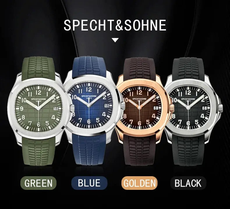 Specht&Sohne four sport watches: green, blue, golden, black; automatic, sapphire, luminous dial, 50m water resistant