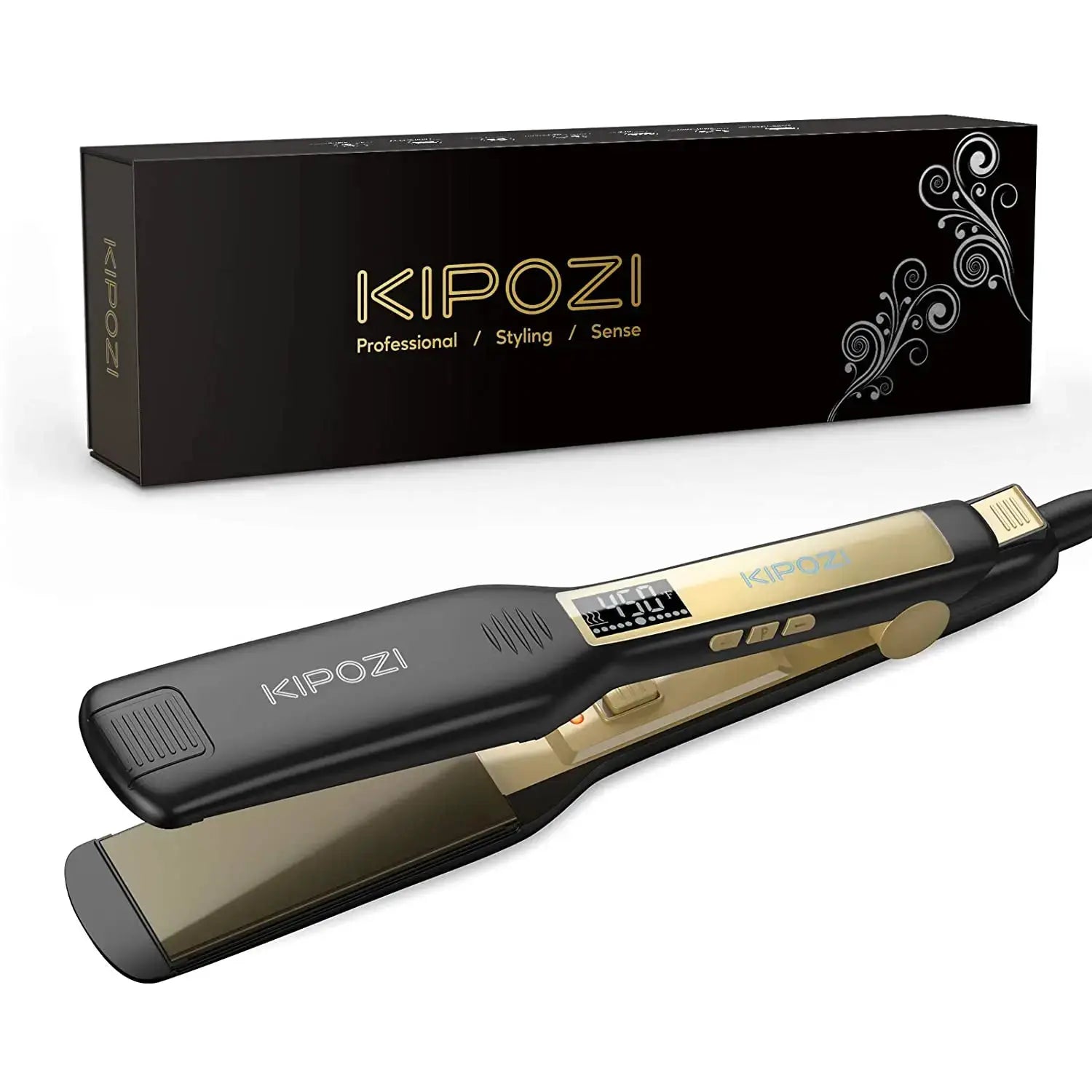 KIPOZI titanium flat iron hair straightener with digital LCD display, dual voltage, black/gold