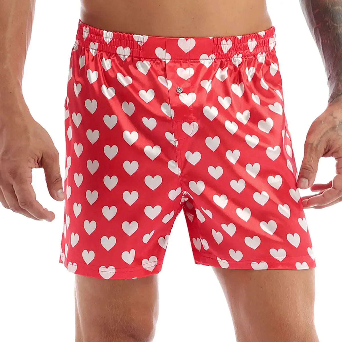 Men's heart-print boxer shorts, red with white hearts, lightweight soft fabric for beachwear