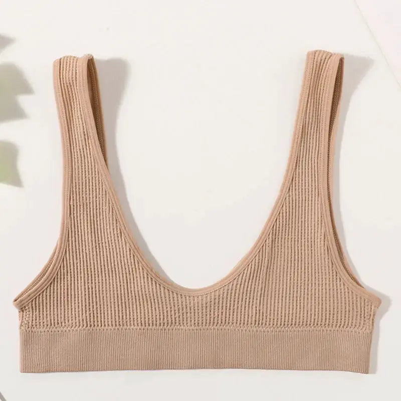 Seamless ribbed bralette crop top in beige, non-wire