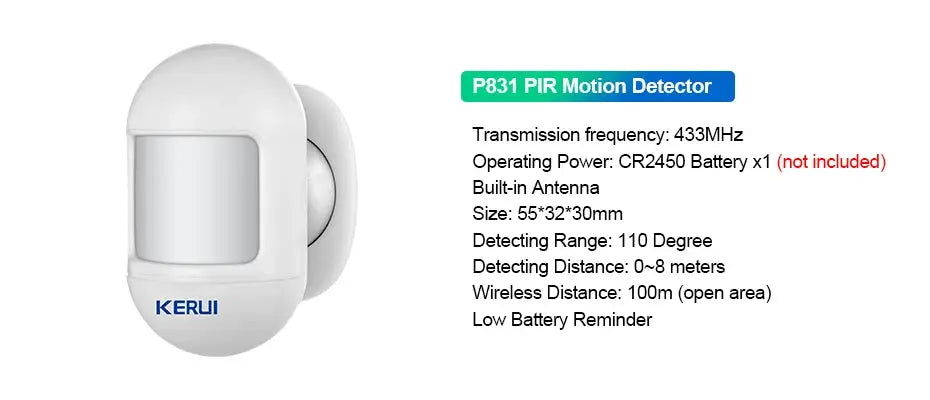 KERUI P831 PIR Motion Detector, white wall-mounted sensor with built-in antenna