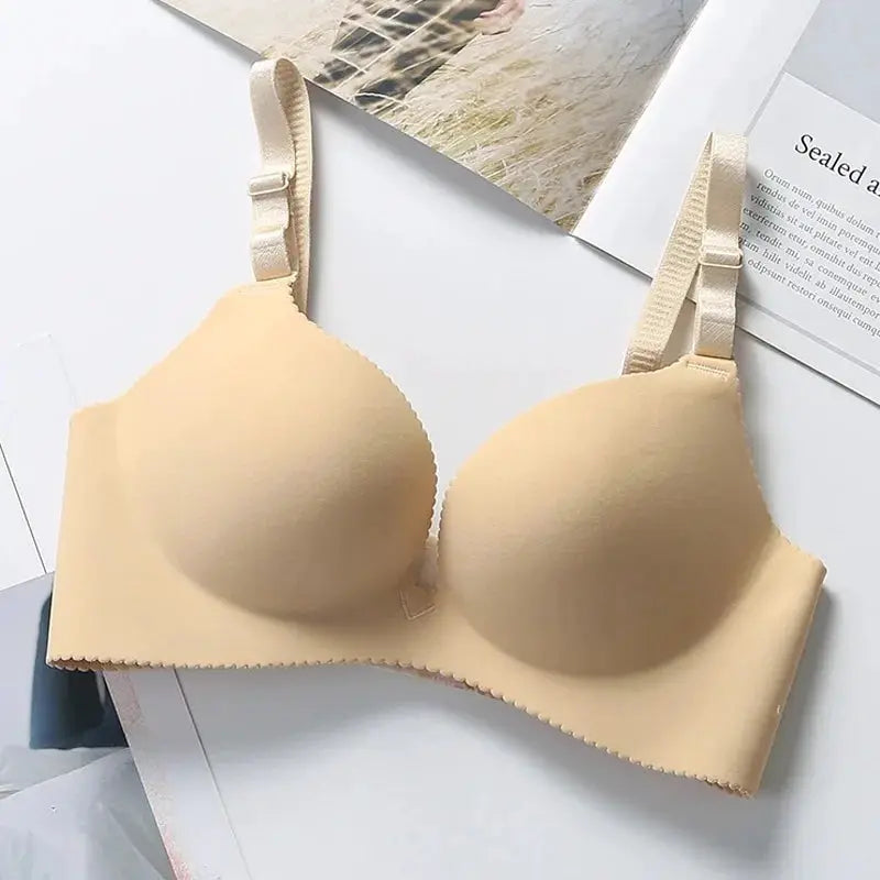 Beige seamless push-up bra by Simples Market, wireless bralette with molded cups