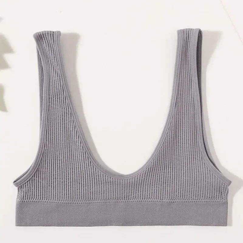 Women’s seamless ribbed bralette crop top, lavender gray, wireless, deep-U shape, size M–XL