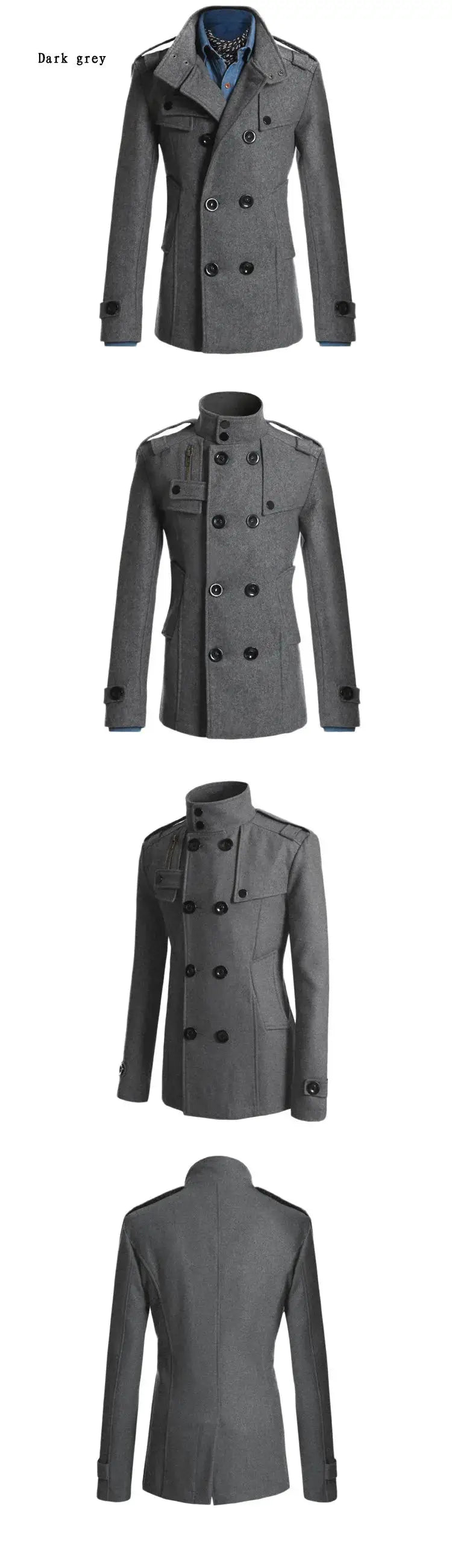Men's dark grey wool overcoat by Simples Market; double-breasted with high collar and epaulets