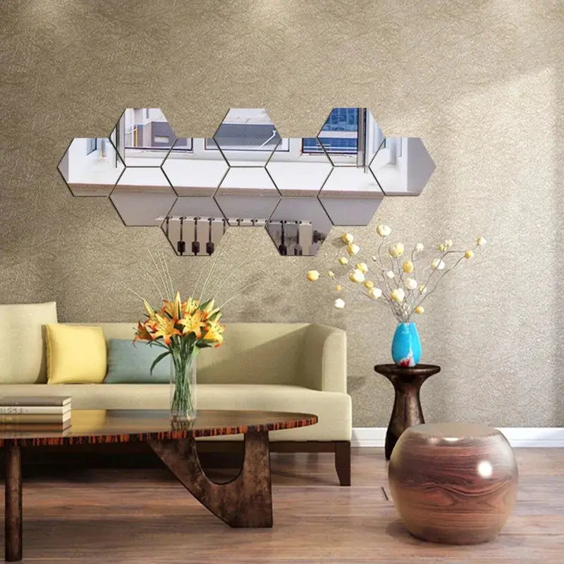 Hexagon mirror wall sticker set, self-adhesive 126mm silver tiles, 6/12pcs for living room wall decor