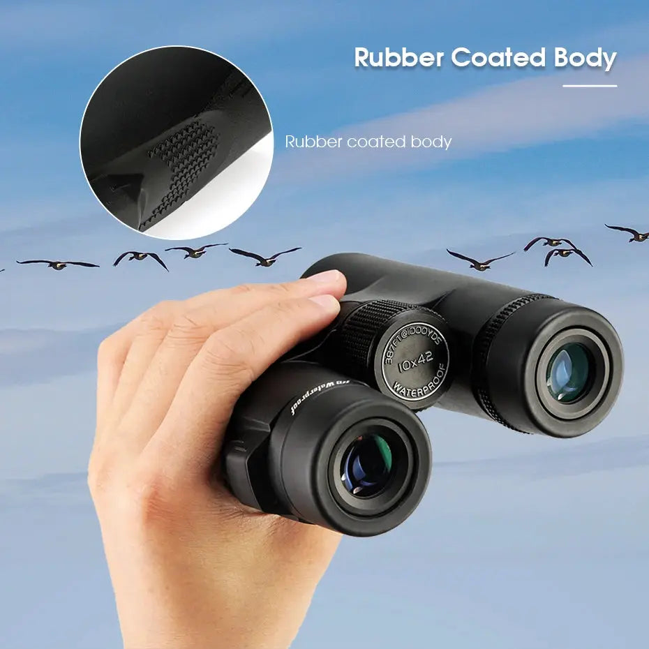 SVBONY SV47 binoculars for bird watching with a rubber-coated black body held in hand