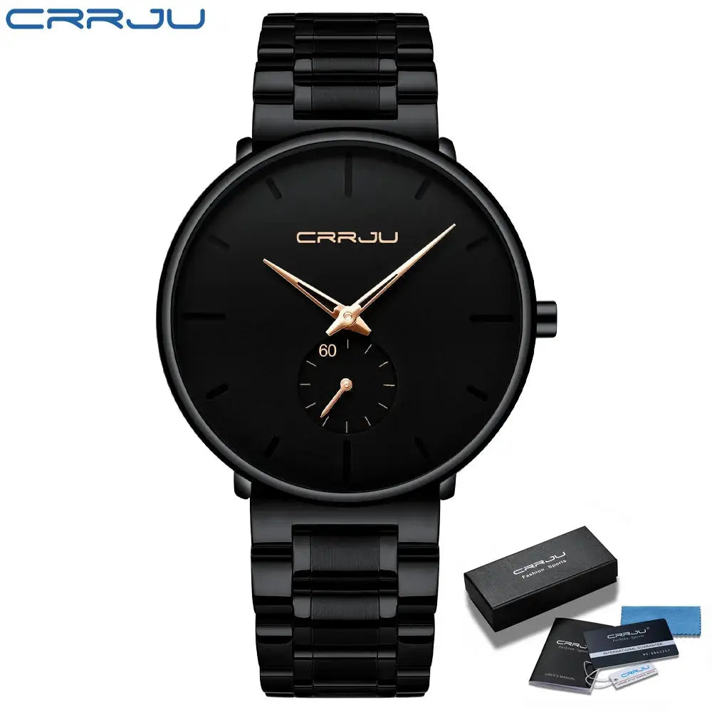 CRRJU men's black stainless steel watch with rose-gold hands and minimalist dial; box included