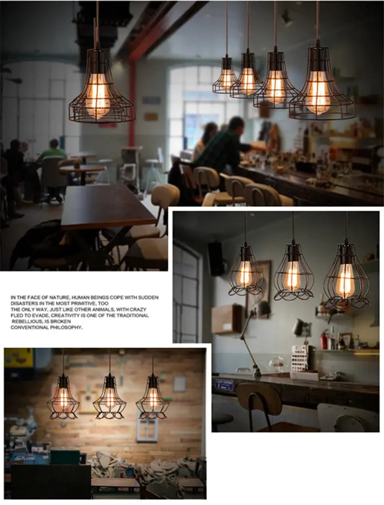 Simples Market industrial retro iron art pendant light set with wire cage shades and vintage Edison bulbs