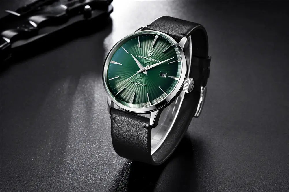 Pagani Design men's automatic wristwatch with green sunburst dial, date window, silver case, black leather strap