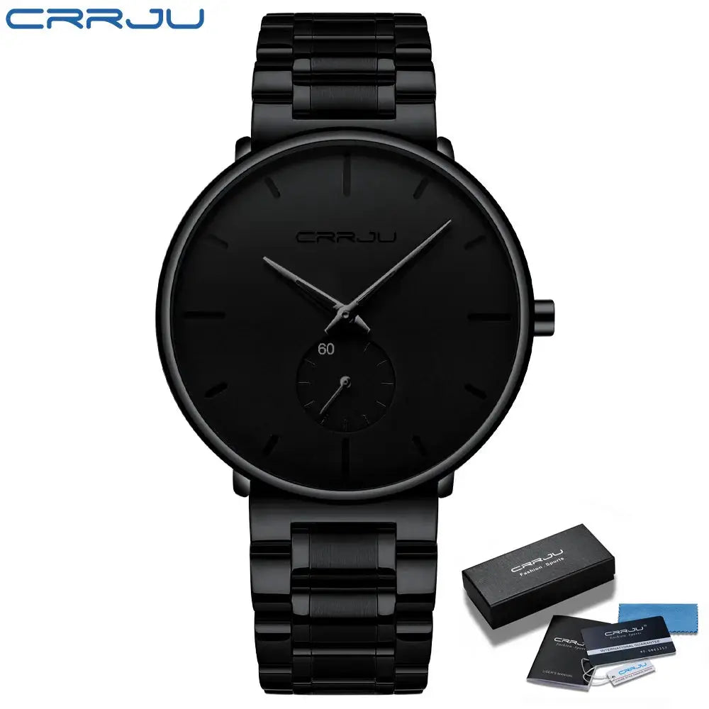CRRJU black stainless steel men's wristwatch with minimalist dial, boxed set with papers
