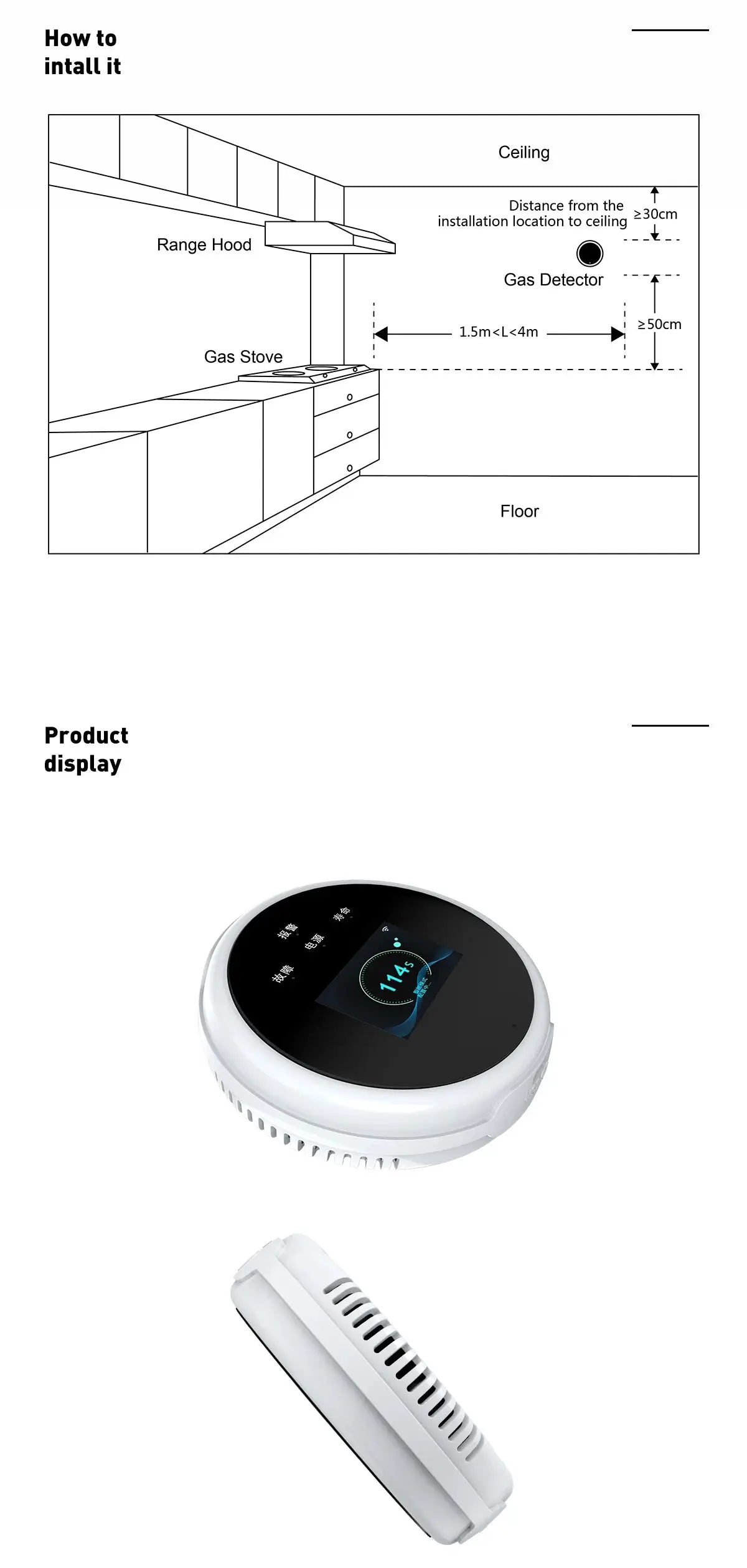 Tuya WiFi gas detector kit by Simples Market; white round main unit with LED display and vented sensor (2 pieces)