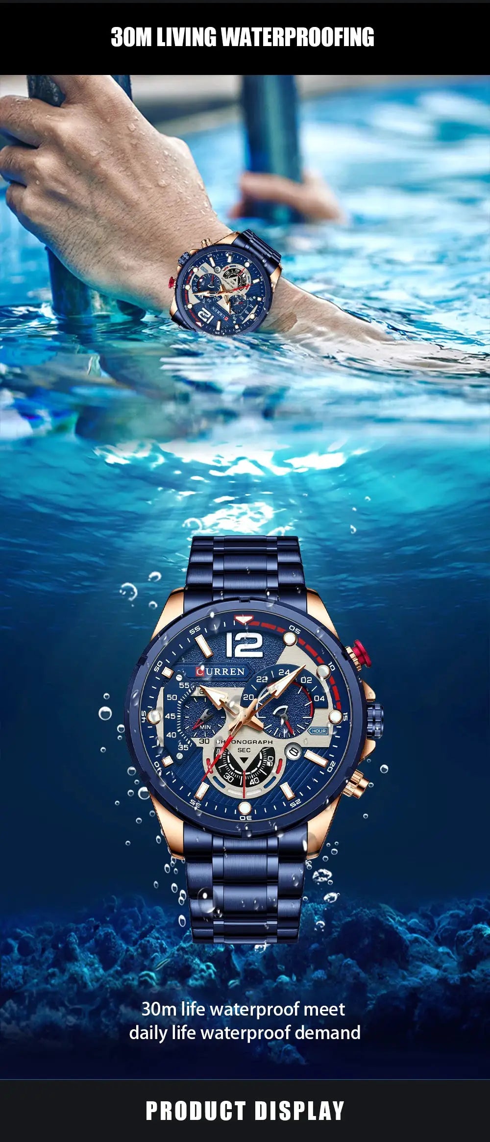 Curren men's chronograph stainless steel wristwatch with blue dial and rose-gold accents; 30m waterproof.