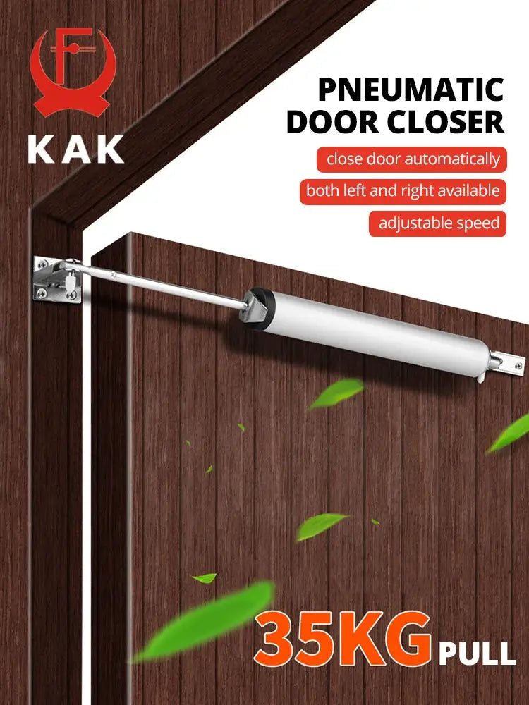 KAK pneumatic door closer for left and right doors, 35KG pull, silver metal body, adjustable speed.