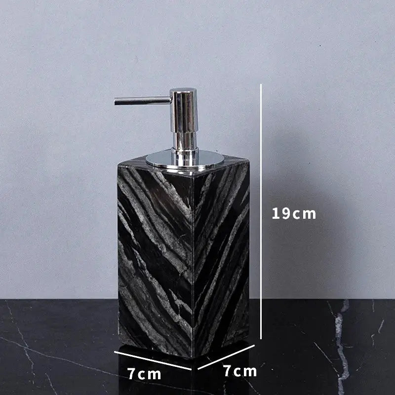 Marble soap dispenser with dark wood-grain pattern and chrome pump; 19 cm tall, 7 cm square base.