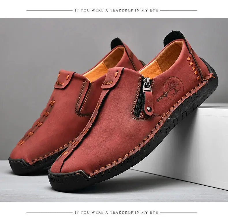 Leather men's casual slip-on loafers pair, brown handmade moccasin-style by Simples Market, breathable leather