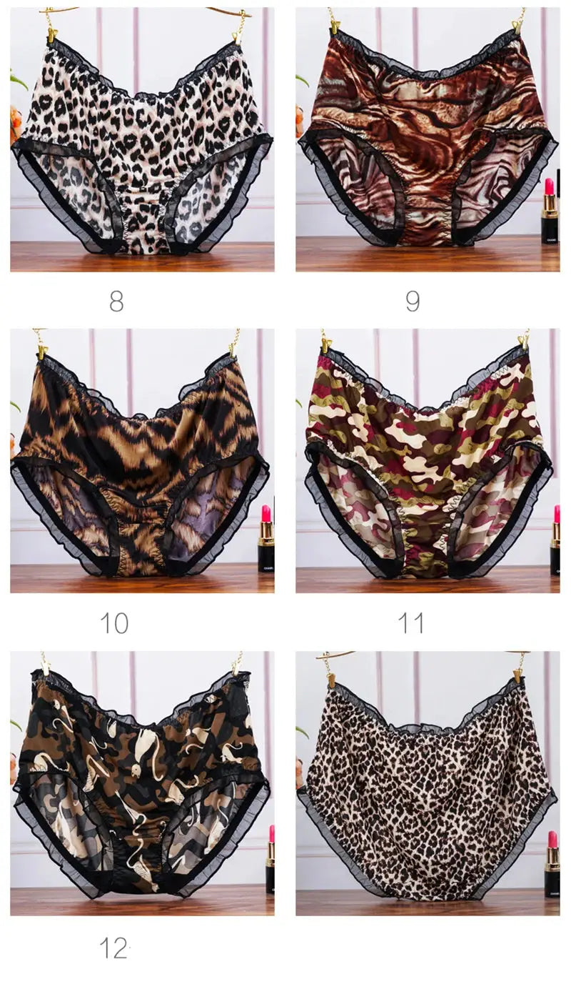 Five mid-waist women's panties in assorted animal prints with black lace trim and ruffled edges.