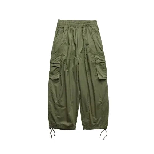 Simples Market olive green cargo pants, men's oversized multi-pocket jogger with wide legs and drawstring hems