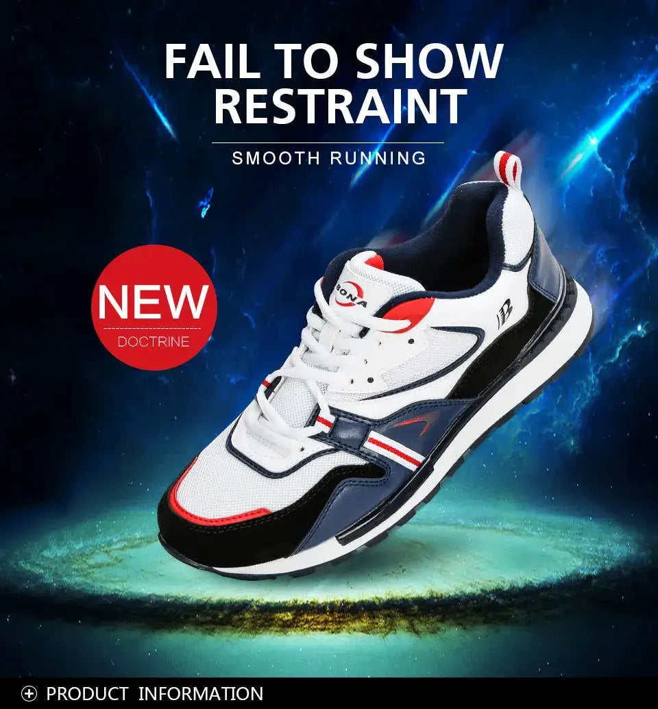 BONA New Designers Action Leather Sport Shoes, white with red/navy accents, men's running sneakers Simples Market.