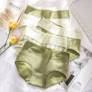 Women's cotton high-waist briefs set in olive green and white with striped and chevron patterns (5-pack)