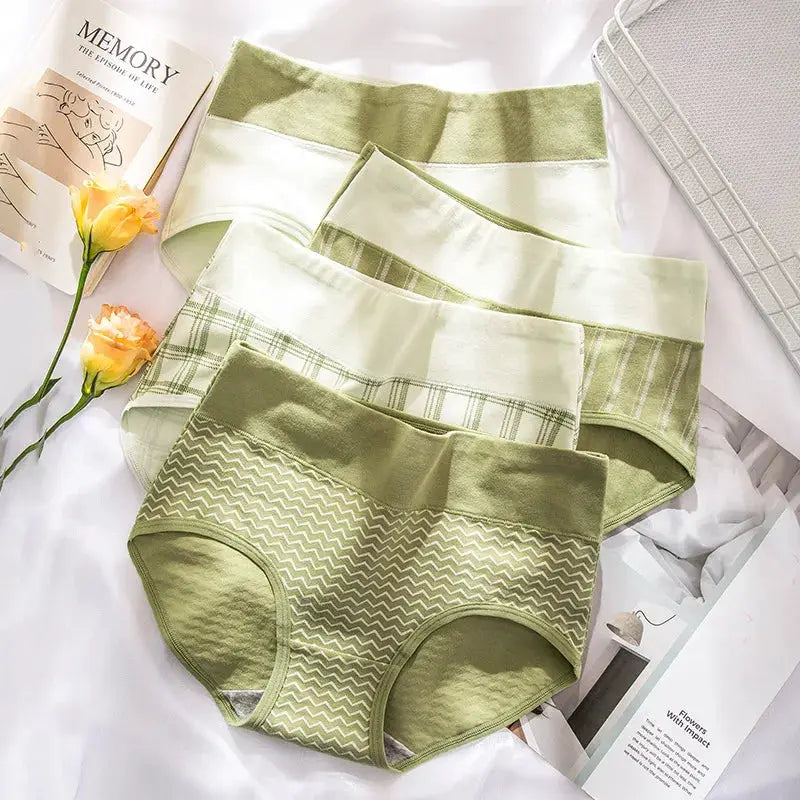Women's cotton high-waist briefs set in olive green and white with striped and chevron patterns (5-pack)