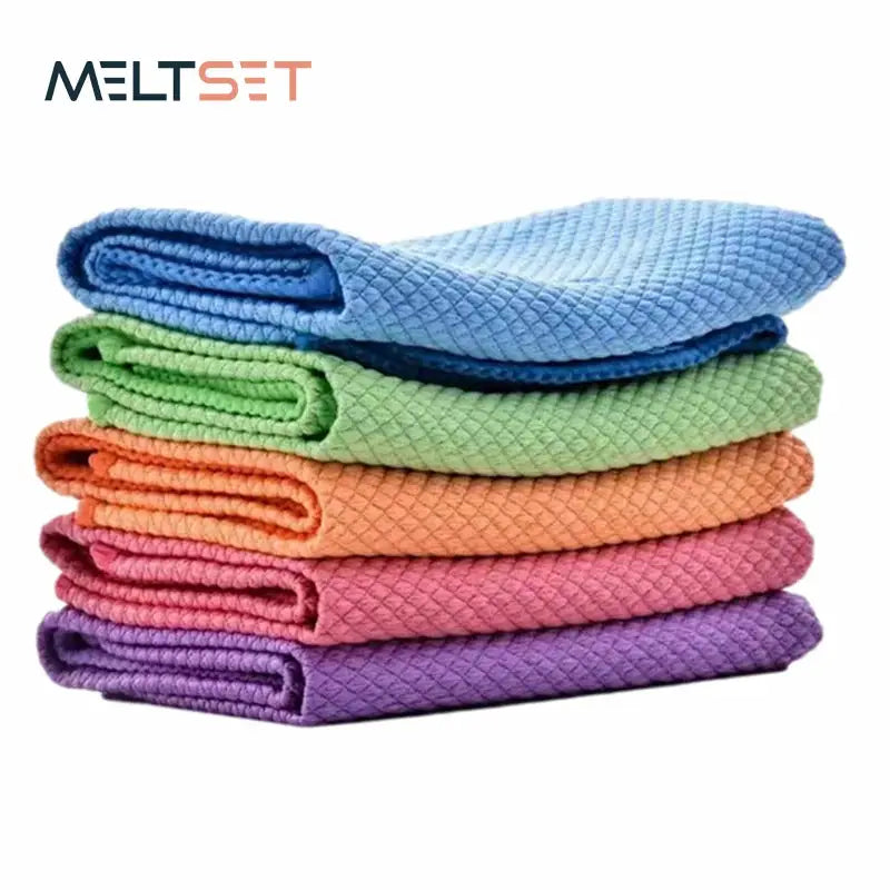 MELTSET 5pcs microfiber cleaning cloths in assorted colors; ultra-absorbent for kitchen and window glass cleaning