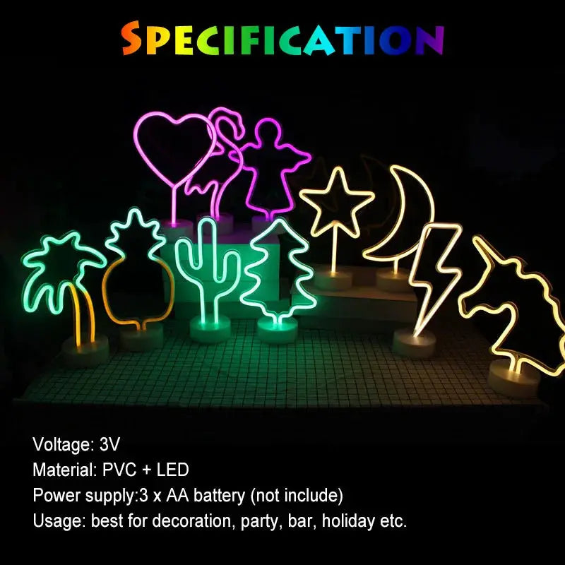 Neon sign LED decoration set with unicorn, flamingo, moon, rainbow, star, cactus and trees in multicolor PVC lights