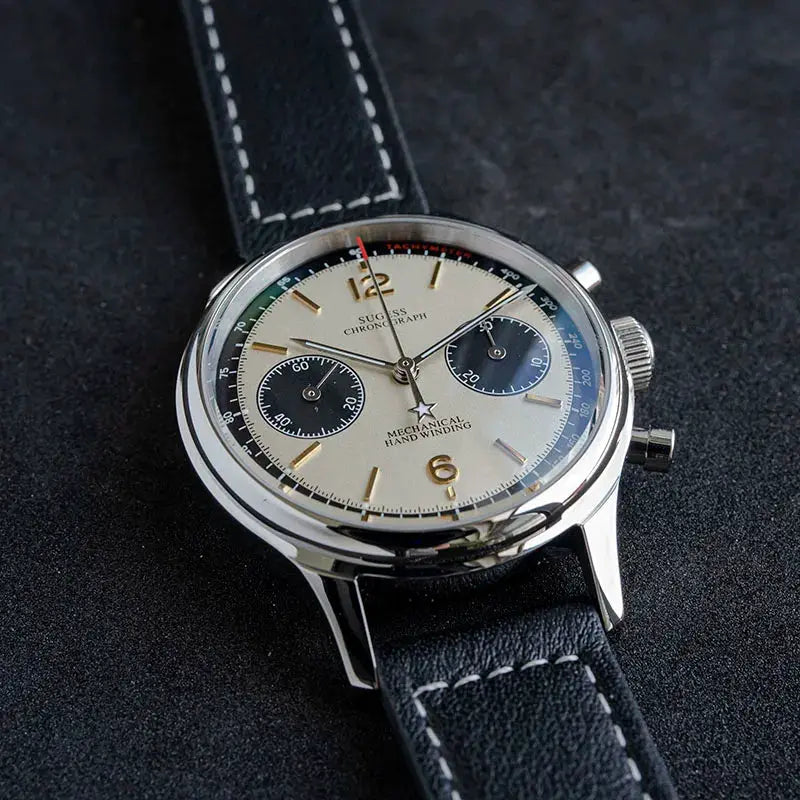 Sugess 1963 Pilot Panda chronograph watch on black leather strap with stainless steel case.