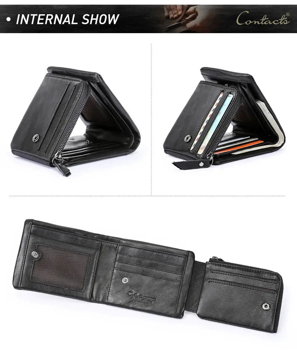 Contacts men's wallet - black Crazy Horse leather tri-fold with zip coin pocket and card slots
