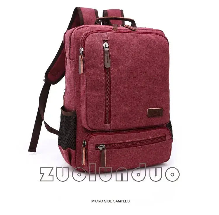 Backpack Simples Market vintage canvas, maroon red large-capacity travel bag with multiple zip pockets