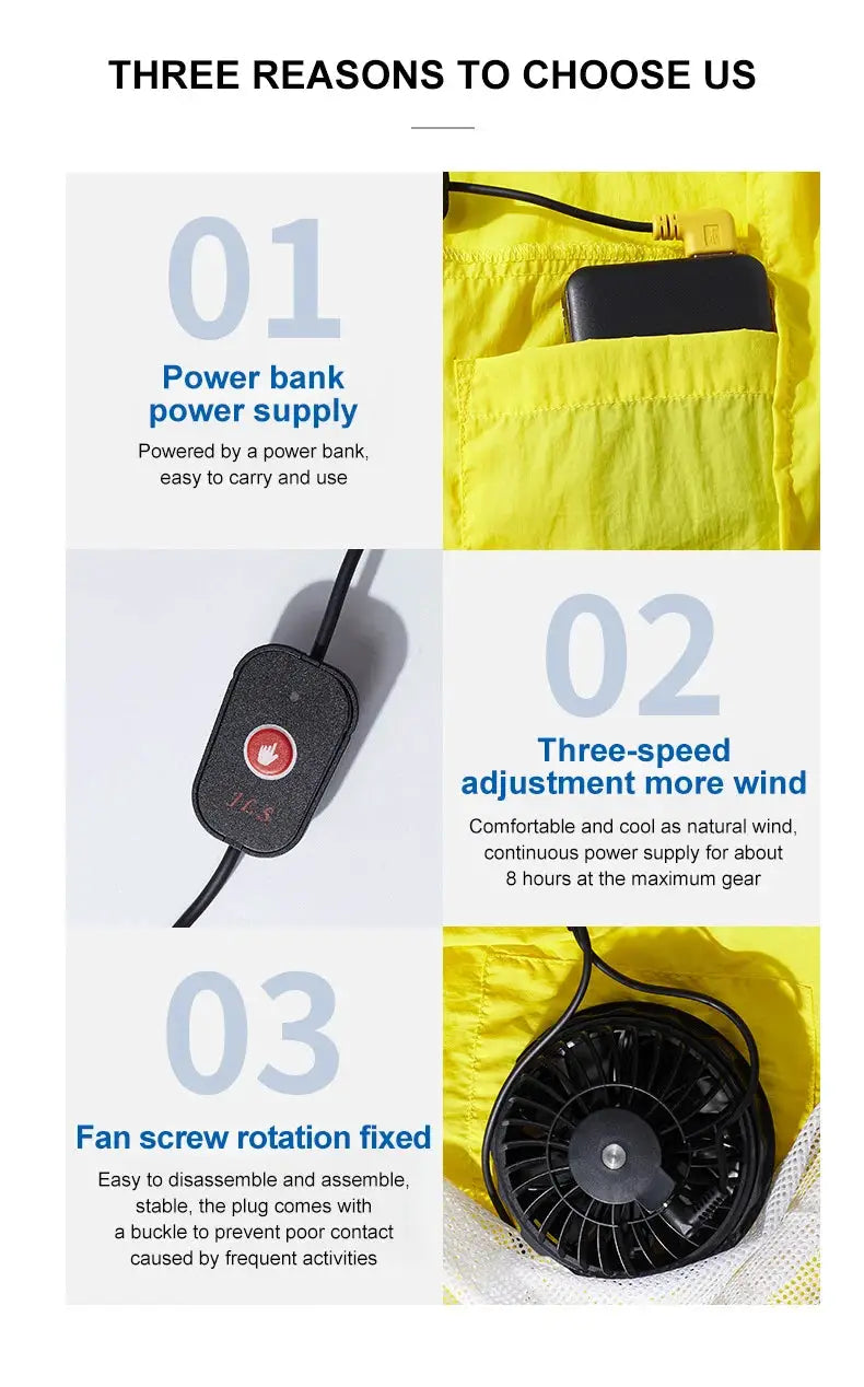 Outdoor windbreaker vest with built-in USB fan and power bank pocket in bright yellow ultralight travel jacket.