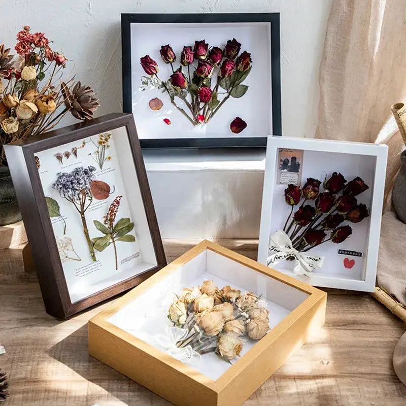 Wooden shadow box frames (3cm depth) set of four displaying dried flowers