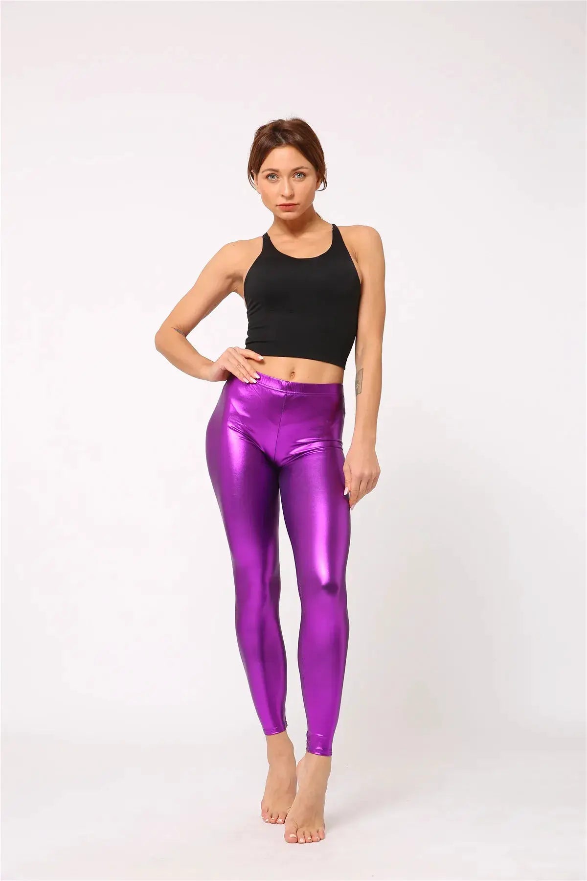 Ladies purple metallic shiny laser leather leggings; candy color, high-waisted fit