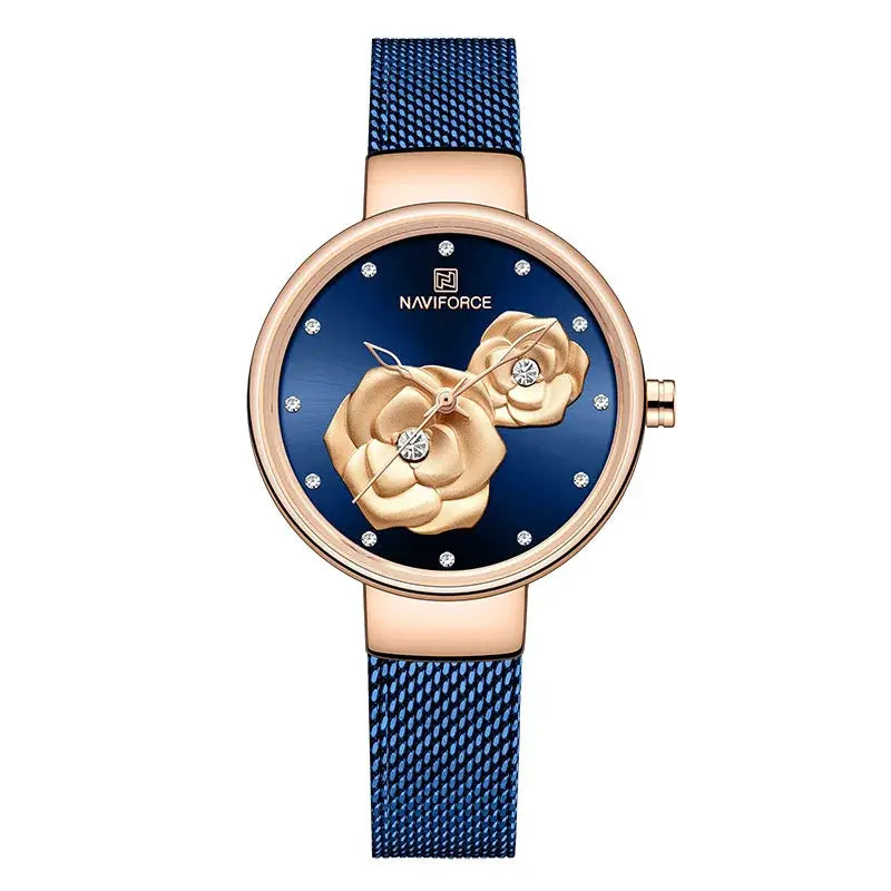 NAVIFORCE women's wristwatch with blue dial, rose-gold case and blue steel mesh strap