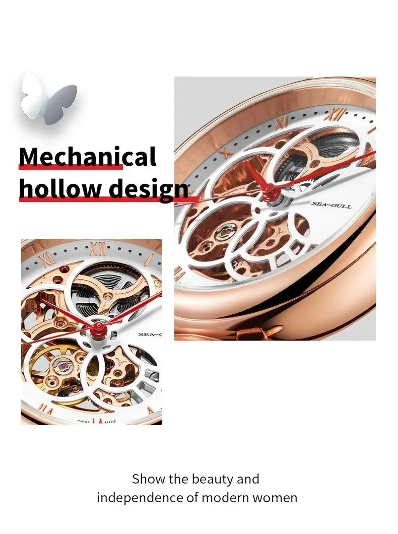 Sea-Gull women's skeleton watch in rose-gold tone with open dial, visible gears, Roman numerals, and red hands