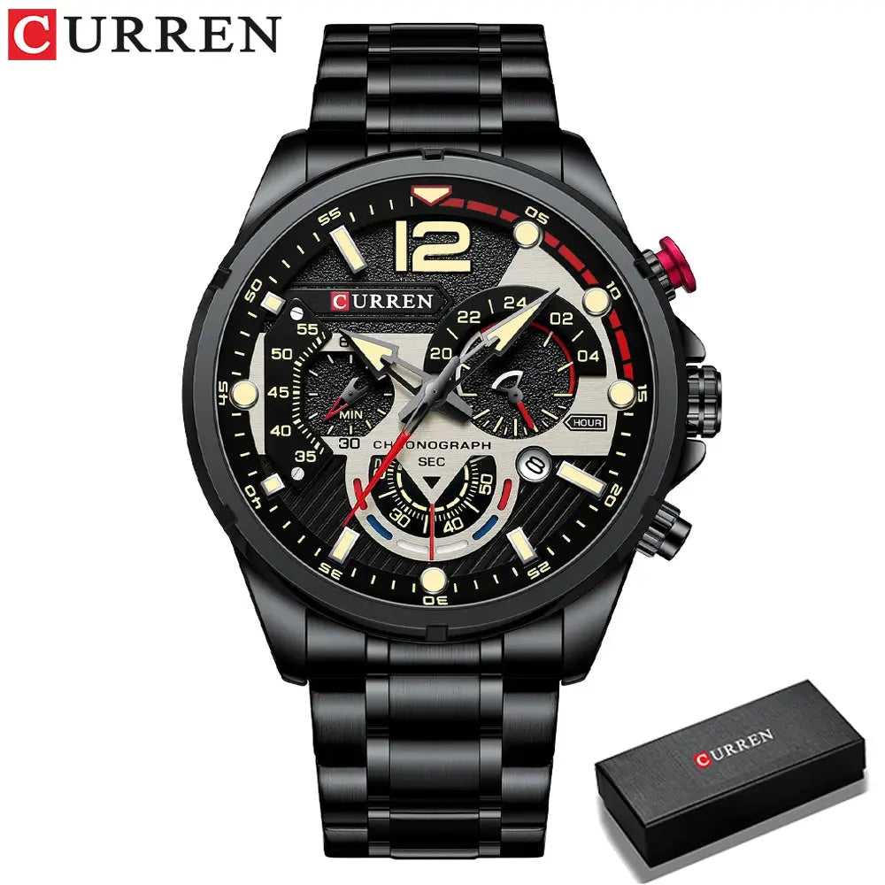 CURREN men's black stainless steel chronograph watch with gold-tone subdials and included box