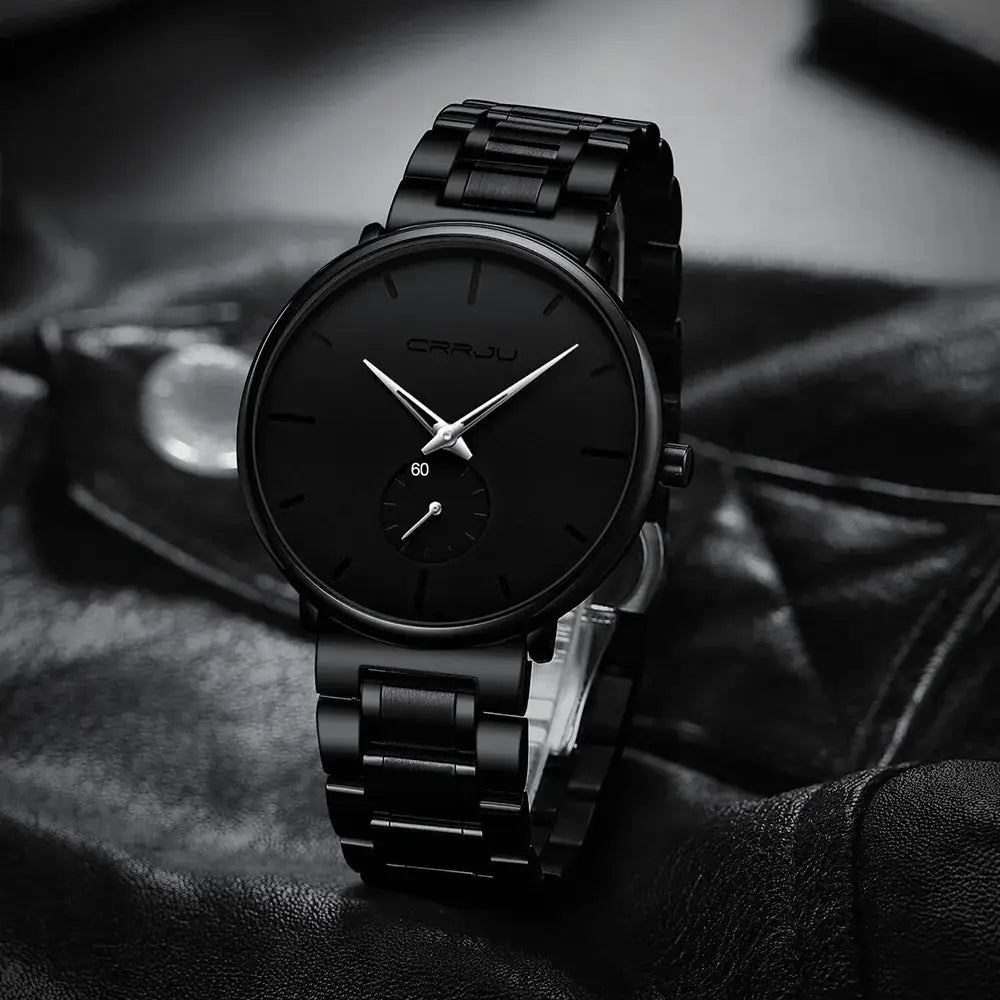 CRRJU men's wristwatch in black stainless steel with minimalist dial, quartz movement
