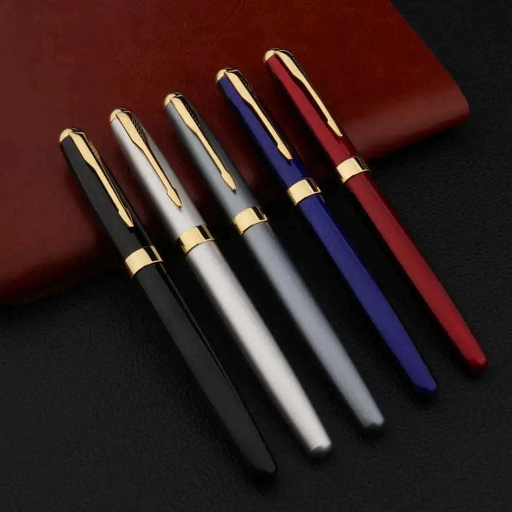 Simples Market metal fountain pen set, five pens in black, silver, gray, blue, and red with gold trims.