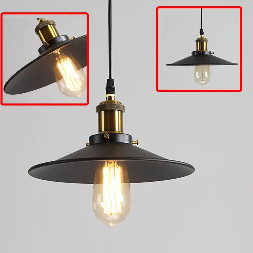 Pendant lamps, three black lacquered iron E27 vintage Edison fixtures with brass fittings.
