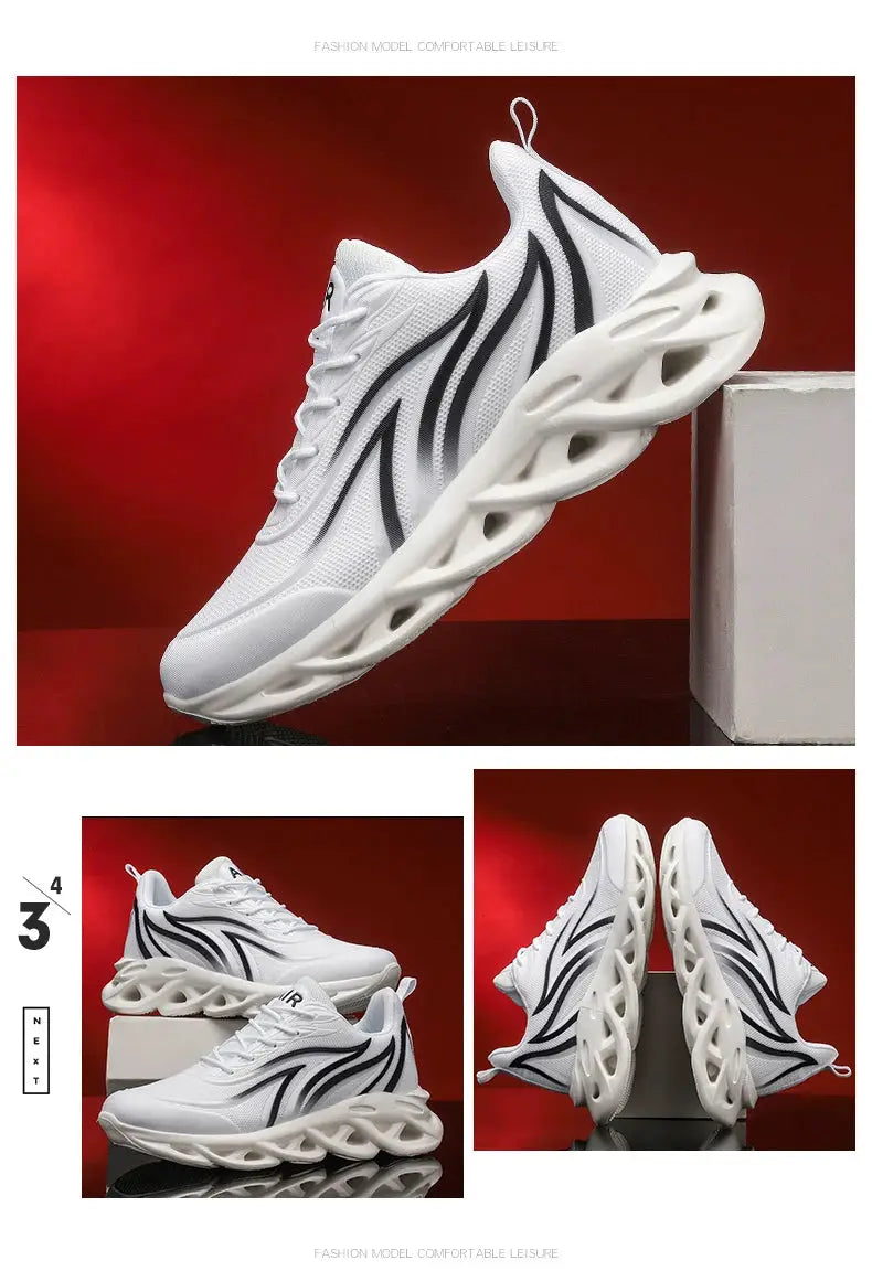 Simples Market Social Shoes, men's white mesh running sneakers with black wavy side stripes