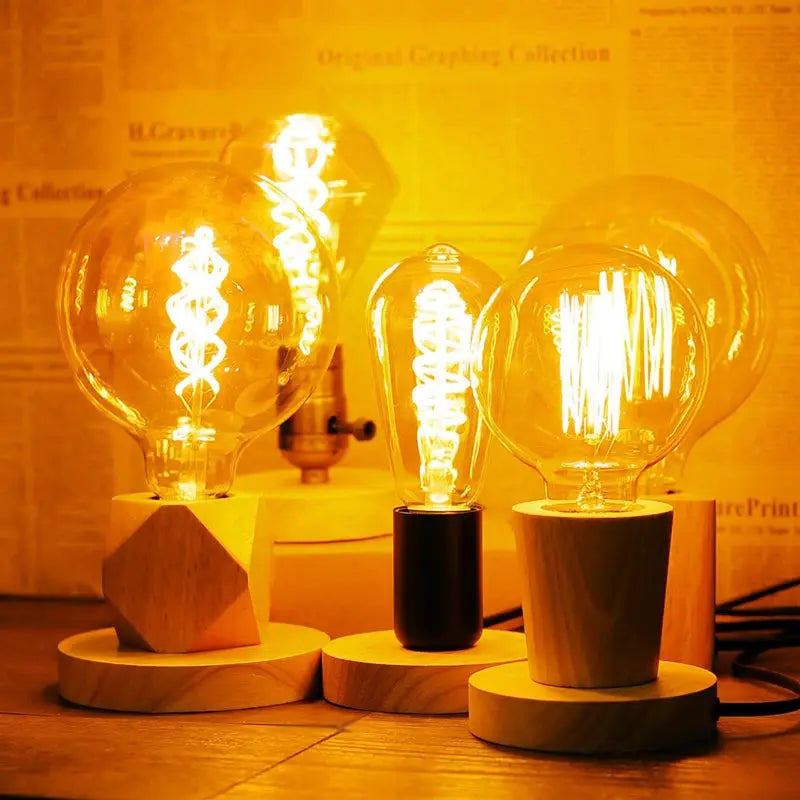 Modern retro wood table lamp with E27 Edison filament bulbs and wooden geometric bases for living room and bedroom