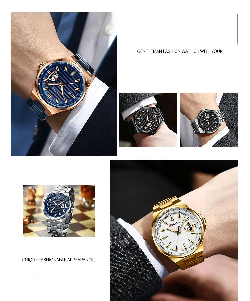 CURREN men's luxury watch set with stainless steel bands in blue, black, silver and gold tones (5 watches)