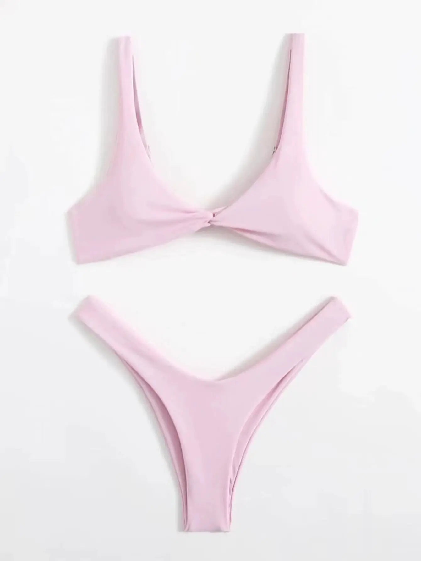 Pink bikini set by Simples Market, solid tie-front padded top with high-leg bottom