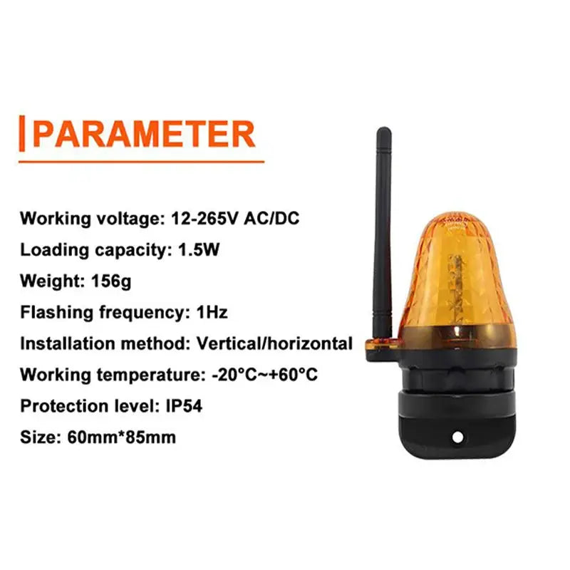 Universal outdoor LED strobe warning light for 12–265V AC/DC with orange wall-mount beacon for gate opener