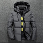 Men's gray duck-down puffer jacket with hood for winter warmth